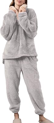 Womens Long Sleeve Shirt Pants Set Cute Fuzzy Fleece Pajama Set 2 Piece Pjs Winter Warm Baggy Oversized