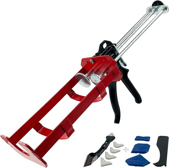 KBX68 Dual component adhesive epoxy dispenser 600ml / 400ml accepts 1:1 & 2:1 mix ratio cartridges 26:1 thrust ratio professional heavy duty dripless applicator and (9) Piece Tool Kit