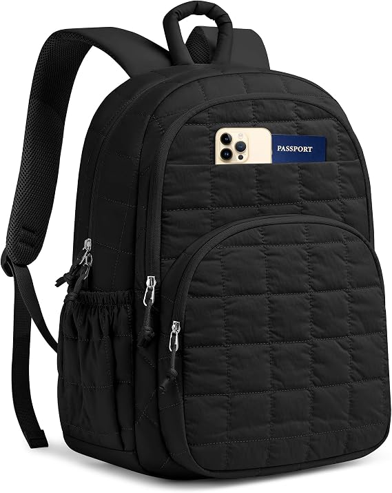 Laptop Backpack for Women College Bookbag: 15.6 Inch School Backpacks for Teen Girls Quilted Back Pack for Students Womens Casual Work Computer Bag Water Resistant Travel Backpack (Black)