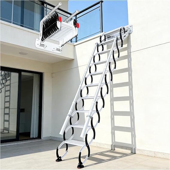 Wall Mounted Attic Stairs, Folding Loft Ladder Stairs, Telescopic Ladder With 2 Handrails, 660LBS/300KG Capacity, Attic Stairs for Indoor, Outdoor, Storehouse, Basement, Garage (2.44-2.54m/8.0-8.3ft)