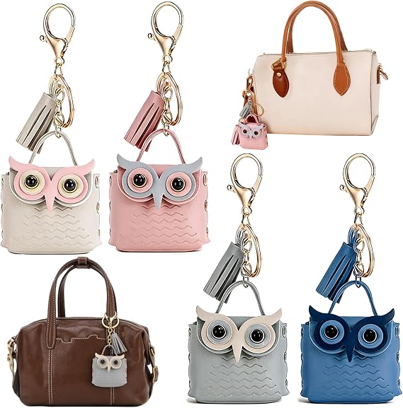 KuuGuu Owl Mini Backpack Keychain PU Leather Owl Key Chain Cute Tassel Keyring Metal Snap Button Change Wallet Bags