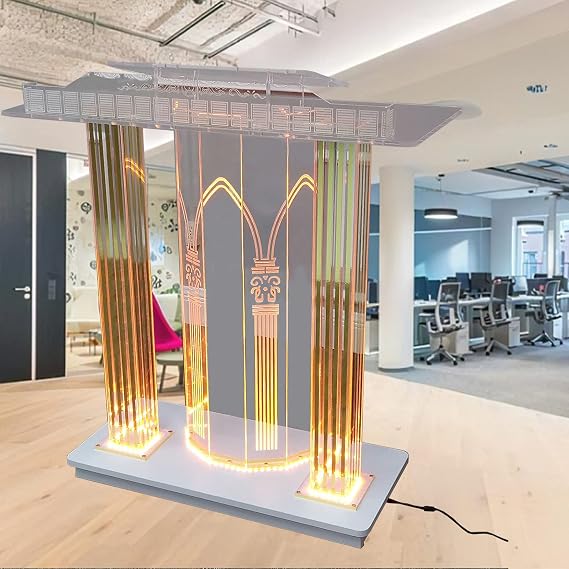 Church Pulpit, Acrylic Gold Podium with Rollers with Led Lights, Vertical Reading Platform, Entrance, Embassies, Colleges and Press Conferences,A