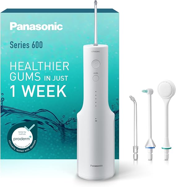 Panasonic Series 600 Water Flosser for Teeth, Cordless EW-DJ67-W311, 99.9% Plaque Remover, IPX7, 2 Ultrasonic Nozzles, 1 Orthodontic & 1 Tongue Care Nozzle, 5 Pressure Settings, Oral Irrigator, White