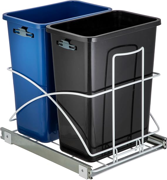 Home Zone Living 15 Gallon Pull Out Dual Kitchen Trash Can for Recycling and Trash, Under Sink in-Cabinet Design, 58 Liter Total Capacity