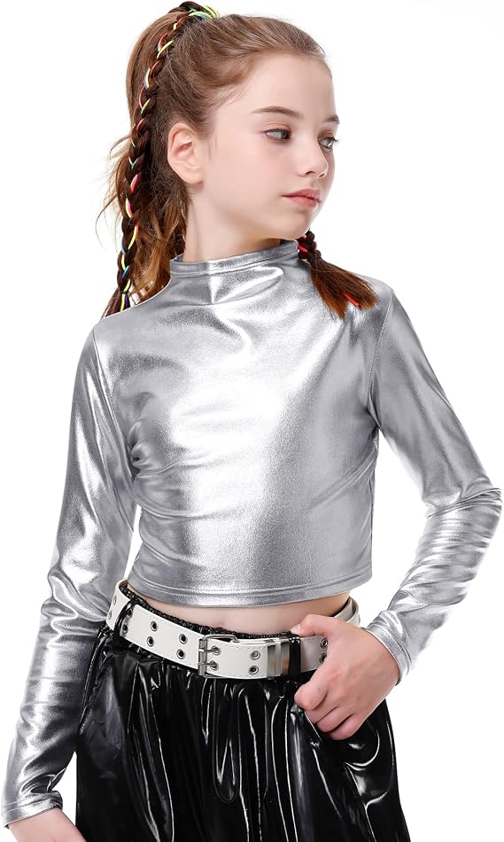 LOLANTA Metallic Dance Tops for Girls Long Sleeve Cropped Top Kpop Costume