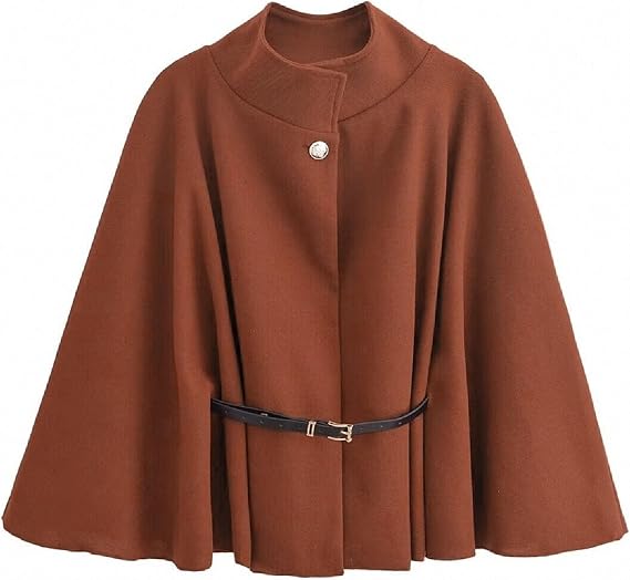 JOAU Women's Batwing Sleeve Poncho Pea Coats Oversized Belted Trendy Casual Stand Collar Cloak Cape Coat Outwear