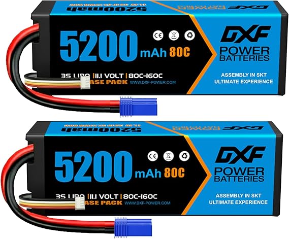 DXF 3S LiPo Battery 11.1V 5200mAh 80C Hardcase with EC5 Plug, Rechargeable RC Battery Pack for RC Car Truck Airplane Helicopter Boat Drone, for 1/8 1/10 Scale Racing Vehicles, 2 Pack