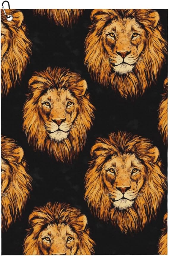 Retro Lion Cool Yellow Fun Golf Towels for Golf Bags Men Women Golf Towel Accessories with Carabiner