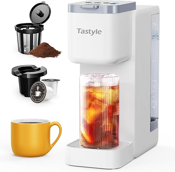 Tastyle Single Serve Hot & Iced Coffee Maker with Strong Brew, 40oz Removable Reservoir, 6 Brew Sizes, Compatible with K Cup and Grounds, Compact for Home, Office, RV and Dorm, White (2.0 Version)