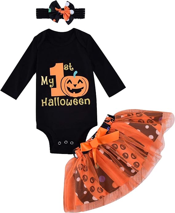 My First Halloween Baby Girl Outfit 3PCS Pumpkin Bodysuit + Tulle Skirt + Bow Headband Clothes Set (Black & Orange, 0-3 Months)