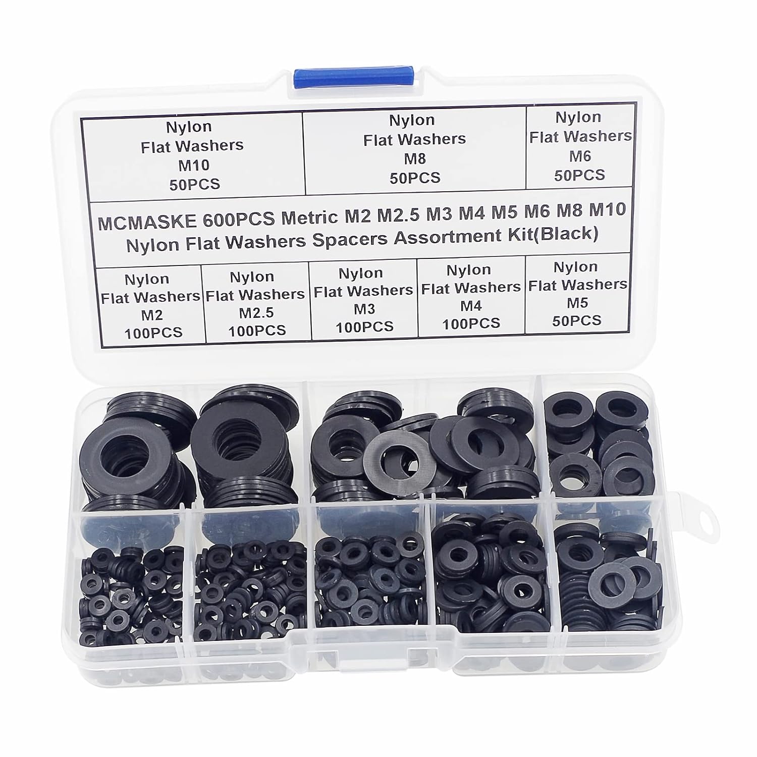 600PCS Metric M2 M2.5 M3 M4 M5 M6 M8 M10 Nylon Flat Washers Spacers Plastic Washers Assortment Kit Black