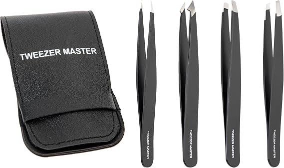 Professional Tweezer Set [Black] Stainless Steel Slant & Pointed Tips for Eyebrow & Facial Hair Removal Rust-Resistant Grooming Tool with Travel Case