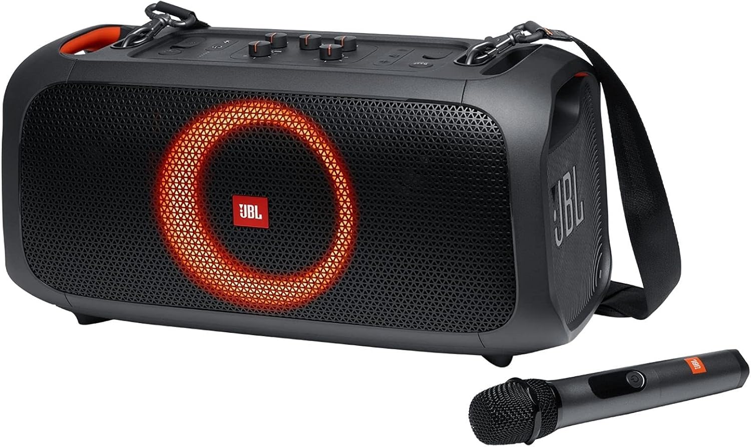 JBL PartyBox On-The-Go - A Portable Karaoke Party Speaker with Wireless Microphone, 100W Power Output, IPX4 splashproof, 6 Playtime Hours, Shoulder Strap and Wireless 2 Party Speakers Pairing Black