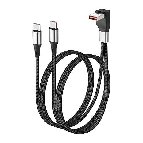 USB Splitter Charging Cable 2 in 1 Multi USB Charger Cord with 2 USB Type C Connectors 90 Degree USB A/C Fast Charging Cable for Laptop,Cellphone,Car,ip15/16 1.96Ft