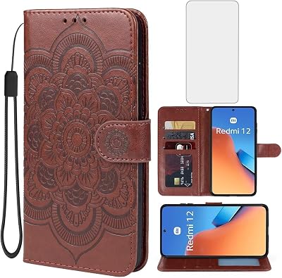 Case for Redmi 12 Case, Redmi Note 12RPoco M6 ProRedmi 12R Wallet Case with Tempered Glass Screen Protector, Leather Flip Credit Card Holder Stand Phone Cover for Xiaomi Redmi 12 Brown