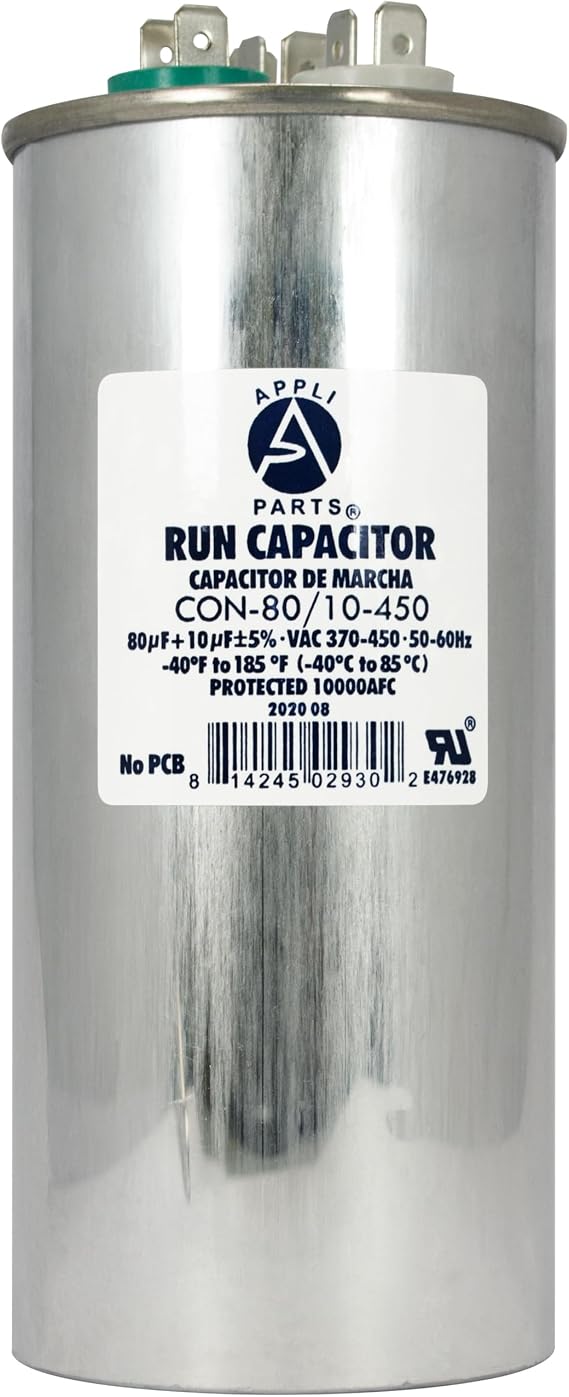 Appli Parts Dual Run Capacitor for ac 80+10 Mfd uF (microfarads) 370VAC or 450VAC CBB65 Round Universal fit for hvac and other applications 5-5/8 in High 2-1/4 in Wide CON-80/10-450