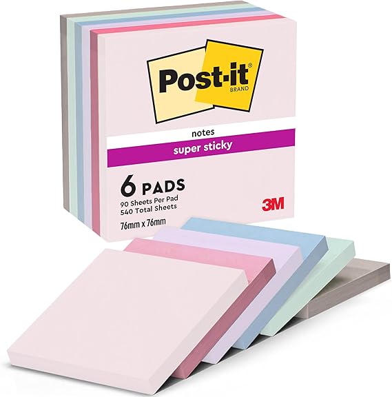 Post-it Super Sticky Notes, 6 Pads (540 Sheets), 76 mm x 76 mm