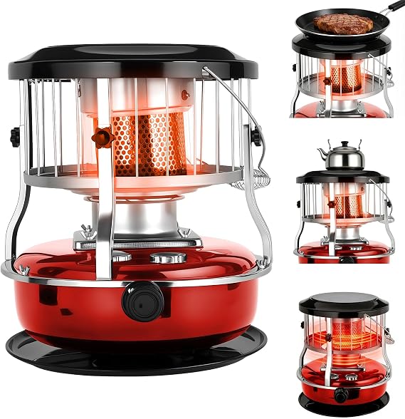 Indoor & Outdoor Kerosene Heater, Radiant Heating, Portable Non-Electric 9000 BTU Kerosene Stove for Camping, Hunting, Cooking (Red)