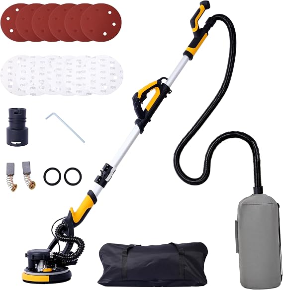 Drywall Sander, Foldable E-lectric Drywall Sander with Vacuum Dust Collection, 6.5A Mo-tor Dustless Floor Sander with Variable Speed 900-1800RPM, L-ED L-ight (Drywall Sander-Yellow+Black)