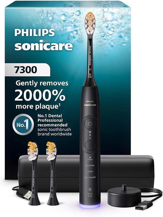Philips Sonicare 7300 Rechargeable Electric Toothbrush, 3 Brush Head, Black
