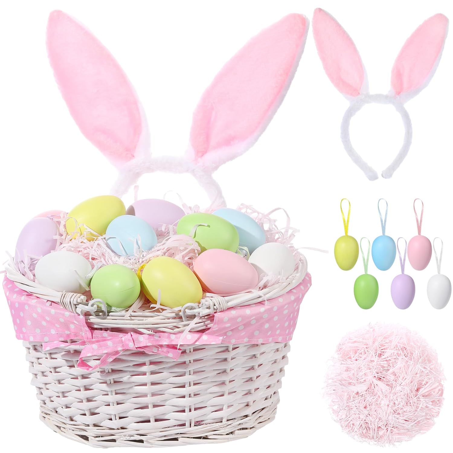 SiliFine Easter Bunny Gift Basket Set Include Wicker Basket with Liner Gingham, Easter Bunny Headband, Easter Eggs, Raffia Paper Grass, Easter Gift for Party Favor Decoration(Blue)