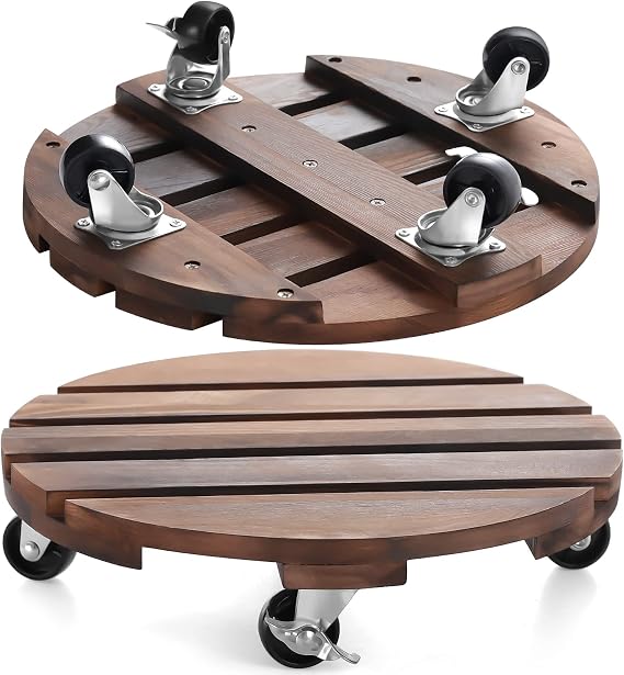 HOHY 2PCS Plant Caddy 12" Plant Stand with Wheels Wood Rolling Plant Stand