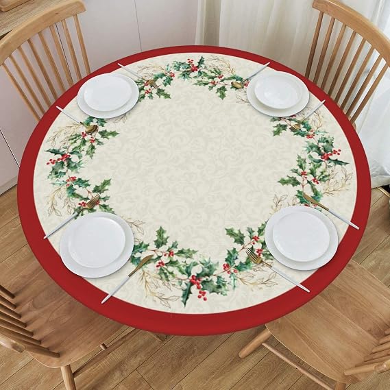 KiuLoam Christmas Round Tablecloth Winter Green Leaf Red Tan Table Cloth Washable Fitted Table Cover with Elastic Edge for Kitchen Patry Outdoor Decor Fits 45"-50", Medium