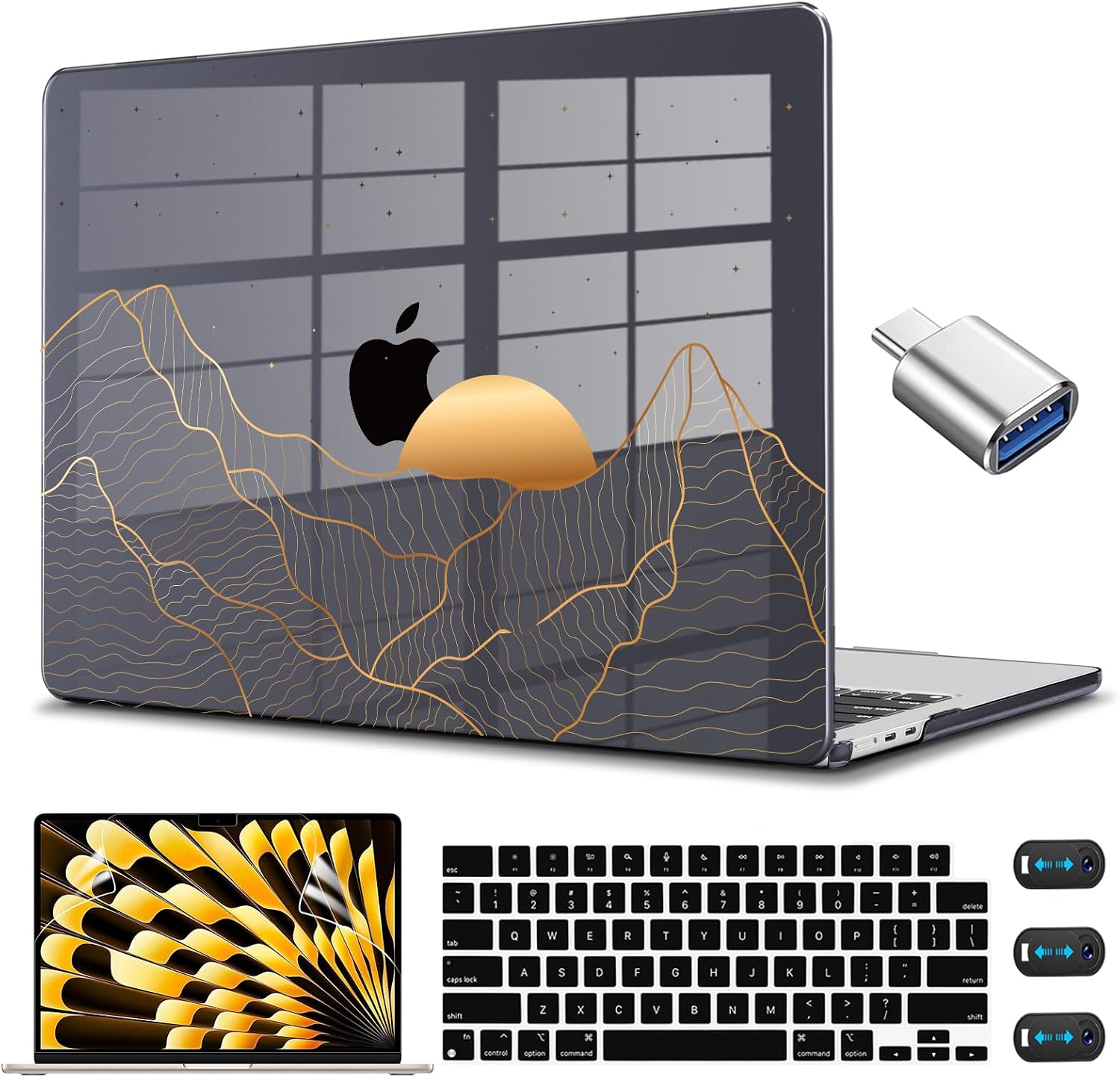 CISSOOK Compatible with MacBook Air 15 inch Case 2023 2024 2025 A3241 A3114 A2941 Model, Crystal Black Plastic Hard Shell Case Cover for MacBook Air 15.3 M2 M3 M4, Sun & Mountain