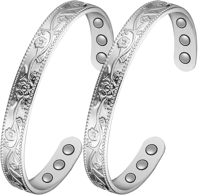 Jecanori 2Pcs Magnetic Copper Bracelets for Women, Vintage Flower 99.99% Pure Copper Bracelets with 3500 Gauss Magnets, Adjustable Cuff Jewelry with Gift Box