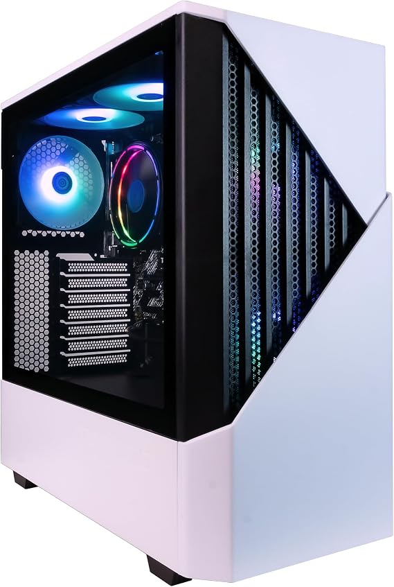 Periphio Castle Gaming PC, AMD Ryzen 7 5700G up to 4.6 GHz with Radeon Vega 8 Graphics, 32GB DDR4 RAM, 1TBNVMe SSD, WiFi, Windows 11 Home Desktop Computer, RGB, White, 1080p PC Gaming