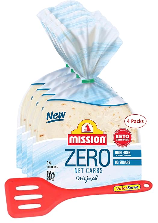 Mission Zero Net Carb Original Flour Tortillas - 0g Net Carbs - Keto Certified - 4.5" - 14 Count, 8.89 oz. - 4 Packs with ValorServeTM Mini Kitchen Utensil - Keto Friendly Zero Carb Street Taco Tortillas