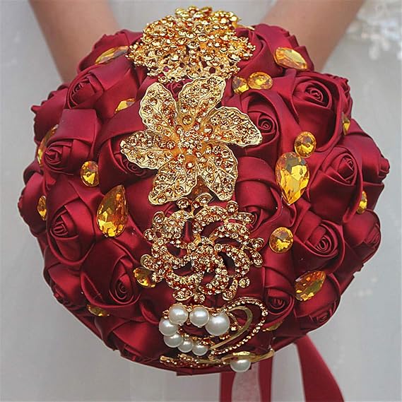Customization Satin Rose Wedding Bouquet Gold Brooch Gold Crystal Rhinestone Bride Bouquet Wedding Flowers, Burgundy