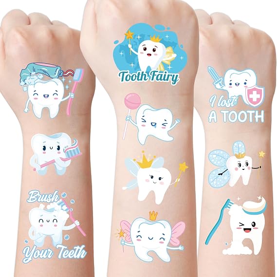 Dental Tooth Temporary Tattoos Stickers - 8 Sheets 280 Pcs Cute Cartoon Teeth Fairy Gifts One's First Teeth Tattoo Sticker for Kids Funny Dentist Party Decorations Hospital Doctor Prizes Rewards