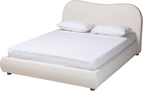 Baxton Studio Maya Mid-Century Modern Cream Boucle Fabric and Oak Brown Finished Wood Queen Size Platform Bed