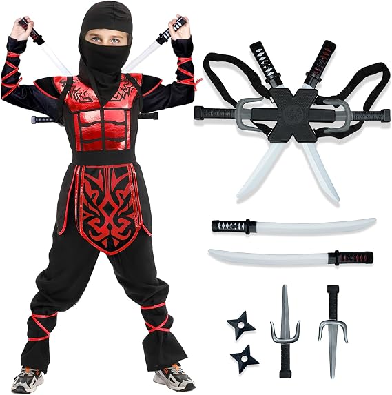 digi Kids Halloween Ninja Costume for Boys, Ninja Costume Set with Toys,Halloween Cosplay Party Costumes for Kids 4-12T
