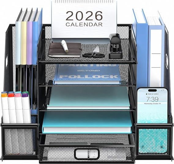 5-Tier Desk Organiser with File Holder, Mesh Paper Letter Tray Organiser with Magazine Holder, Desk Tidy Storage with Drawer for Office Supplies Home or School, Black