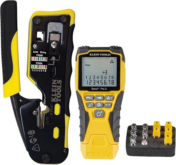 Klein Tools VDV501-851 Cable Tester Kit & VDV226-110 Ratcheting Modular Cable Crimper/Wire Stripper/Wire Cutter, for RJ11/RJ12 Standard and RJ45 Pass-Thru Connectors