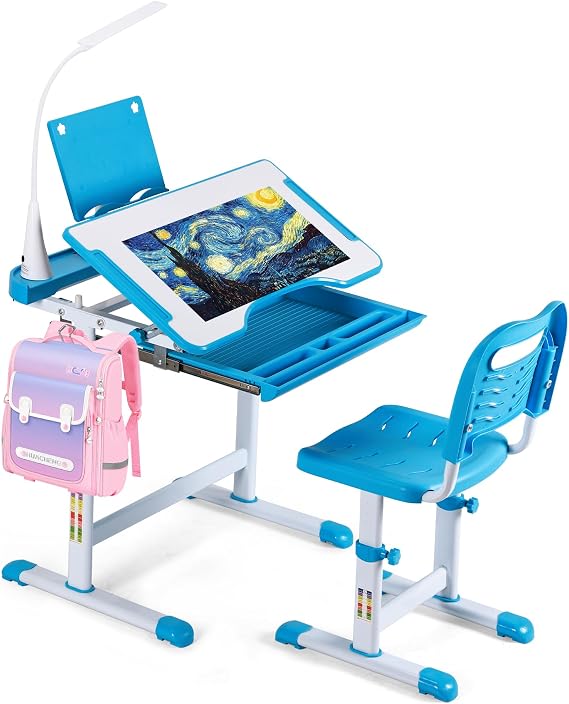 UNICOO Kids Study Desk and Chair Set, Height Adjustable Childrens Desk with LED Lamp, Tilting Desktop, Pull-Out Drawer, Ergonomic Homework Art Desk for Boys Girls