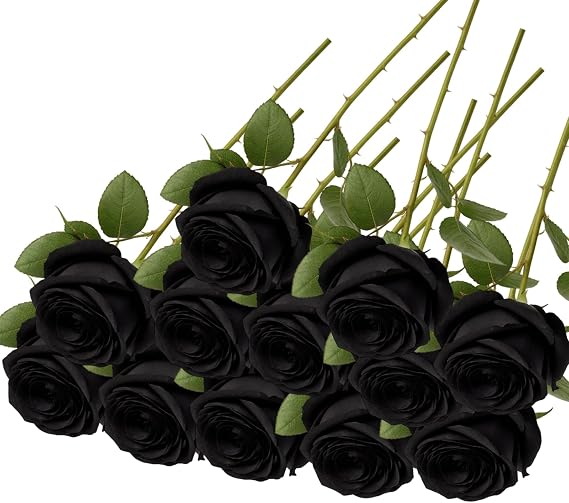 12 Pcs Black Artificial Roses, Single Stem Realistic Silk Rose Bouquet, DIY Decoration for Home, Living Room, Garden, Wedding, Party