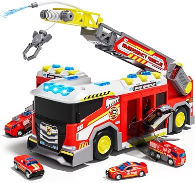 2025 Fire Truck Toys for Toddler Boys, Large 13.5-inch Fire Truck with Ladder & 6 Alloy Cars, Big Emergency Trucks with Lights, Sounds & Water Spray, Kids Toys for Boys 3 4 5 6 Years Old Red