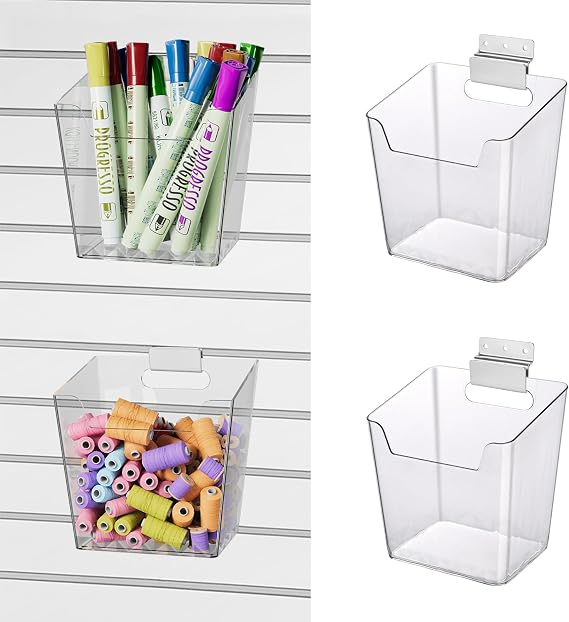 Clear Slatwall Bins, 4 Pack Slat Wall Accessories Cups Hooks Assemble Set Fit All Slat Board Storage Systems, Transparent Display Hanging Holder Organizers for Garage Shed Office Craft Tool (Small)