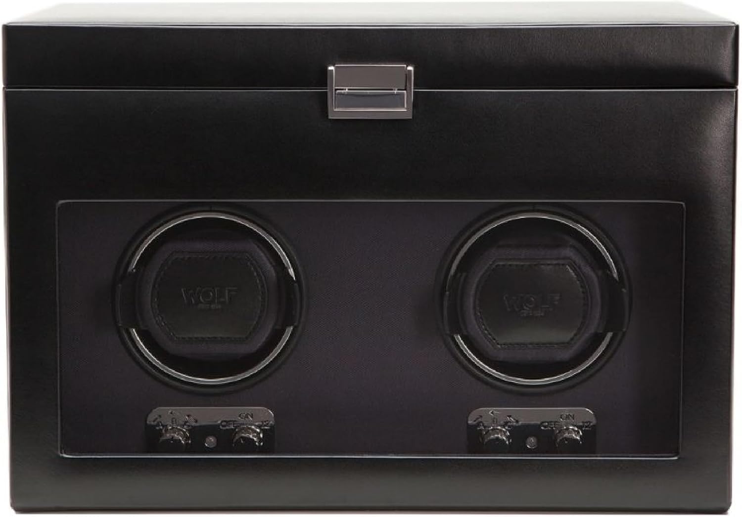 Wolf Heritage 270402 - Double Watch Winder with Tempered Glass Cover - Black Vegan Leather - Storage for 2 Extra Watches and Removable Travel Case - Quiet Motor with Patented Technology
