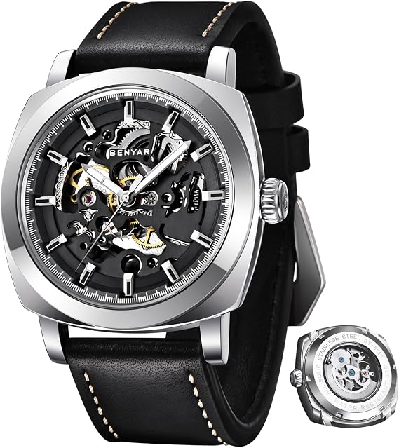 BENYAR Men's Mechanical Automatic Watch | Leather Strap | Gold Movement | 45mm Skeleton Dial | Water Resistant and Scratch Resistant Stylish Gift