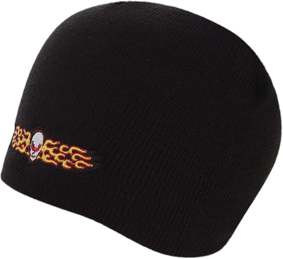 Flaming Skull Embroidered Black Beanie