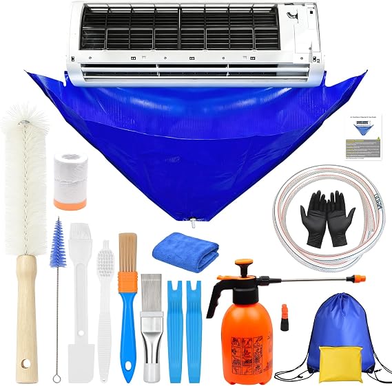 16PCS Mini Split Cleaning Kit - with 2L Pressure Sprayer, Water-Resistant PVC Bag, Brush Set and Extra Fin Comb, Wall Mounted Air Conditioner Tools - for Home DIY Maintenance