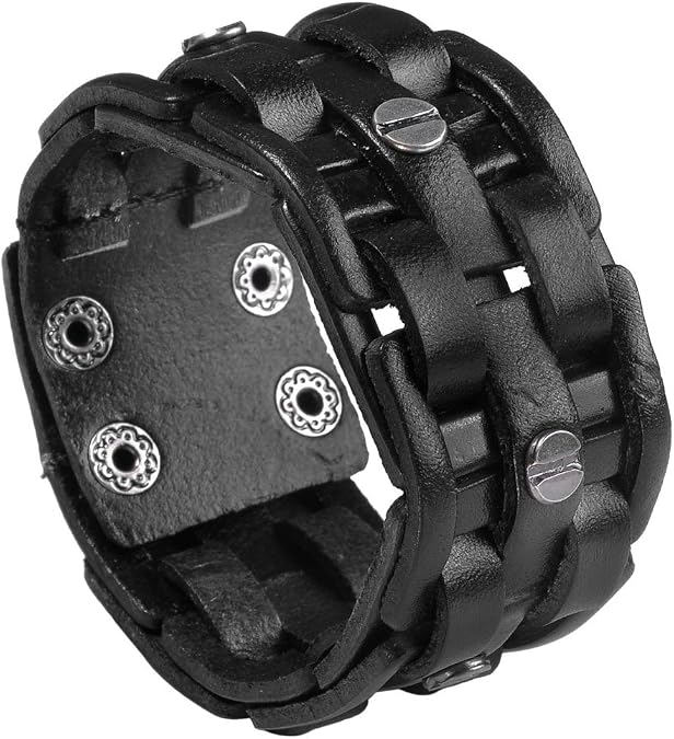 Zysta Cool Punk Rocker Wide Cuff Wristband Bracelet Mens Gothic Biker Braided Style Genuine Leather Bangle 8.5"-9" Adjustable Black/Brown