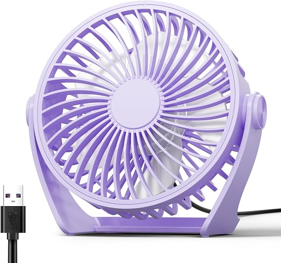 Edvision USB Desk Fan, 5 Inch Small Portable, 3 Speeds Powerful Wind Mini Personal Desktop Fan 360 Rotation Adjustable, Plug In USB Fan Quiet for Table Home Office Travel Car(Purple)