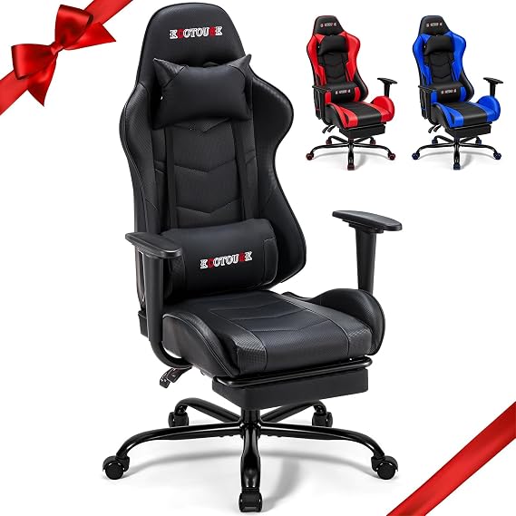 ECOTOUGE Black Ergonomic PC Massage Gaming Chair with Footrest | Reclining Racing PU Leather, Swivel Rocker, Headrest, Lumbar Pillow, Office Desk Chair, Adjustable Height, Sturdy Base