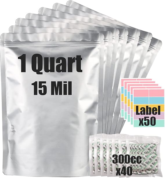 30pcs 1 Quart Mylar Bags for Food Storage (15 Mil Extra Thick 7.5 Mil Each Side) with Oxygen Absorbers 300CC (40pcs), 7"x10" Heat Sealable Zipper Mylar Bags for Long Term Food Storage