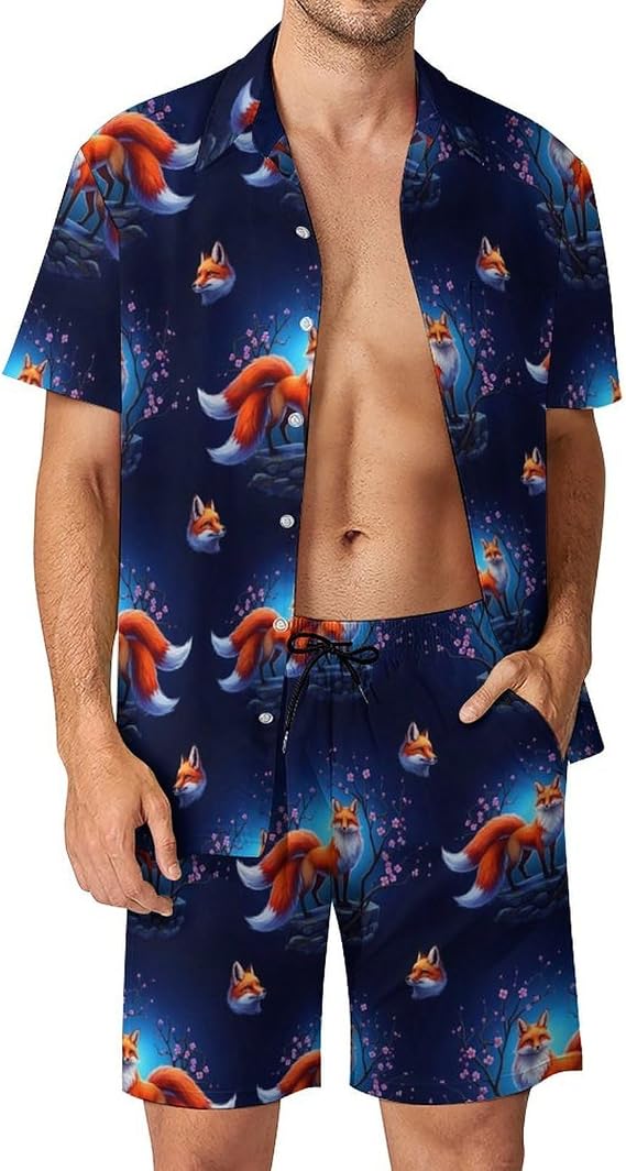 Men's 2 Piece Beach Outfits, Short Sleeve Shirt & Shorts Tracksuits, Breathable Vacation Beach Suit
